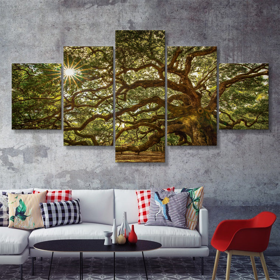 Old Oak Tree W Sunlight  5 Pieces Canvas Prints Wall Art - Painting Canvas, Multi Panels, 5 Panel, Wall Decor