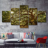 Old Oak Tree W Sunlight  5 Pieces Canvas Prints Wall Art - Painting Canvas, Multi Panels, 5 Panel, Wall Decor