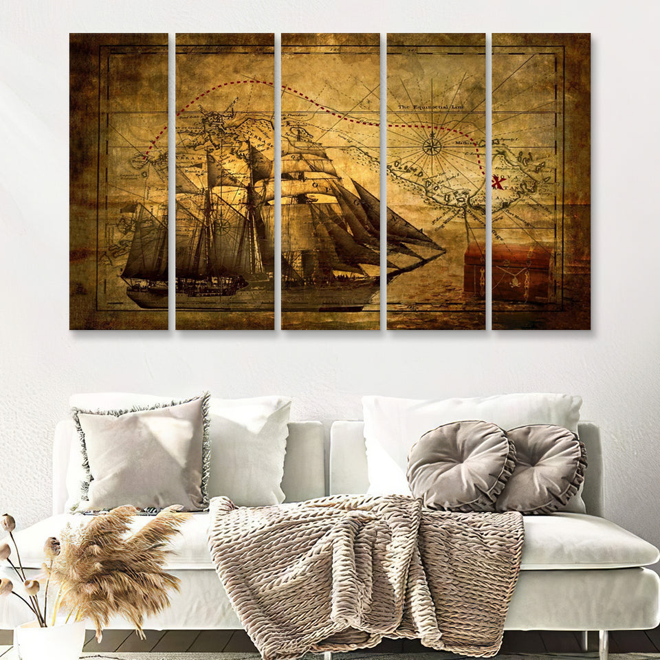 Old Pirates Treasure Map 5 Pieces B Canvas Prints Wall Art - Painting Canvas, Multi Panels,5 Panel, Wall Decor