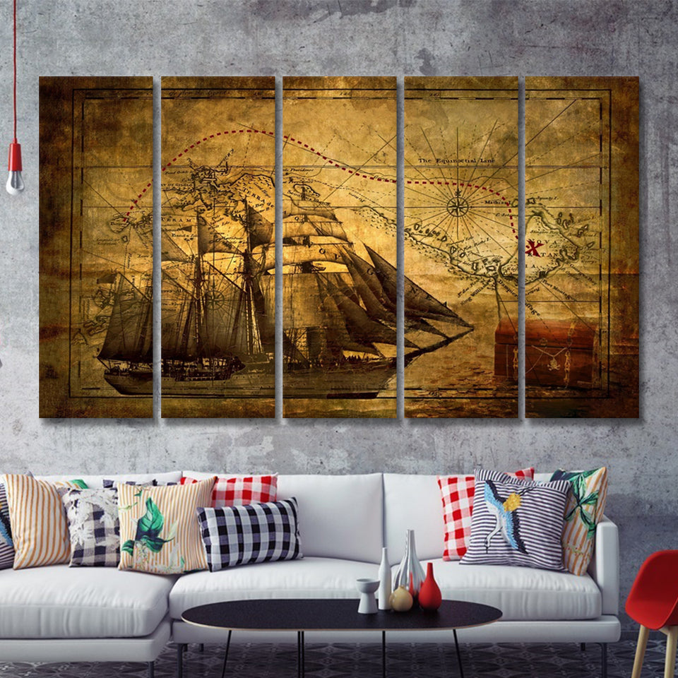 Old Pirates Treasure Map 5 Pieces B Canvas Prints Wall Art - Painting Canvas, Multi Panels,5 Panel, Wall Decor