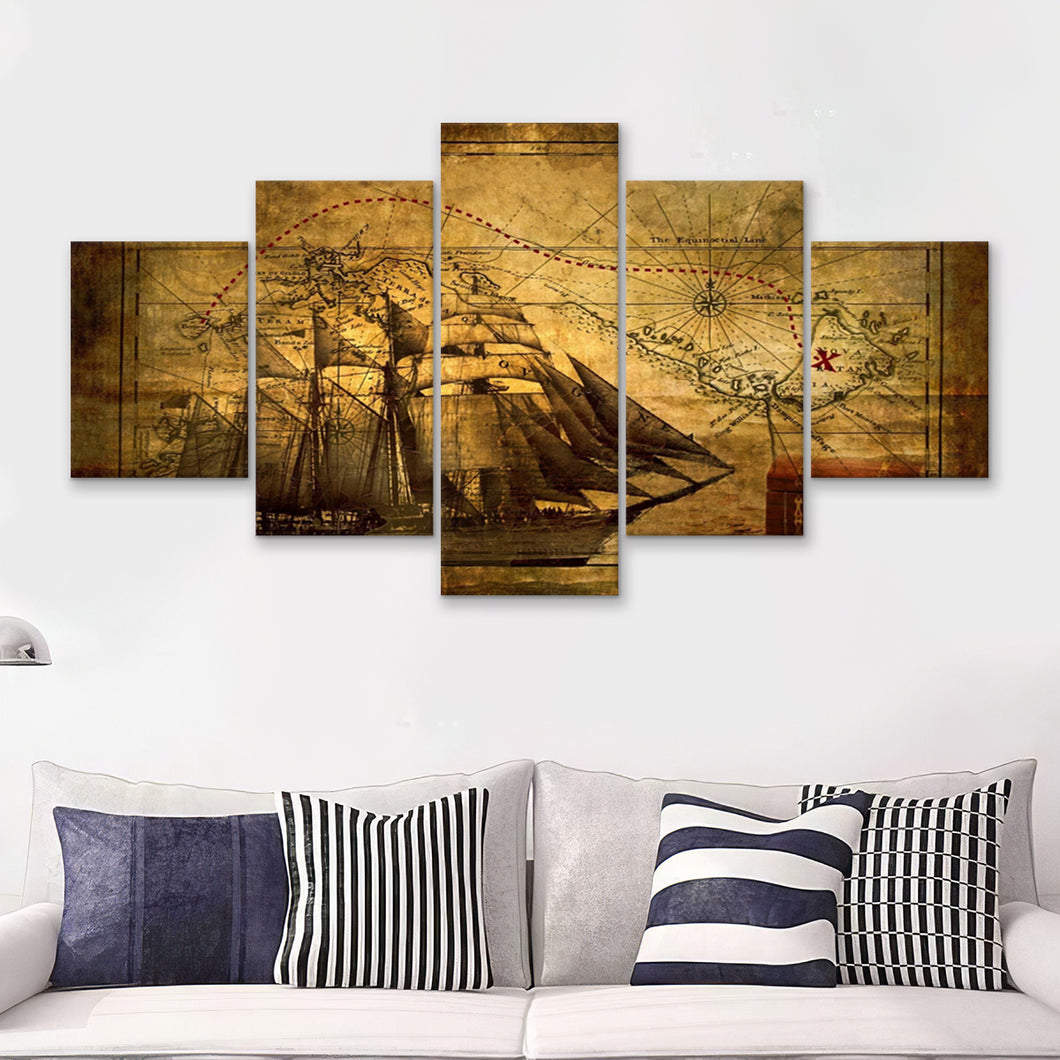 Old Pirates Treasure Map  5 Pieces Canvas Prints Wall Art - Painting Canvas, Multi Panels, 5 Panel, Wall Decor