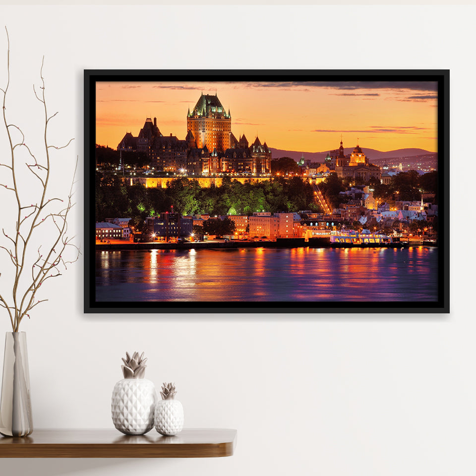Old Quebec City, Quebec Skyline Framed Canvas Prints Wall Art Decor, Black Floating Frame