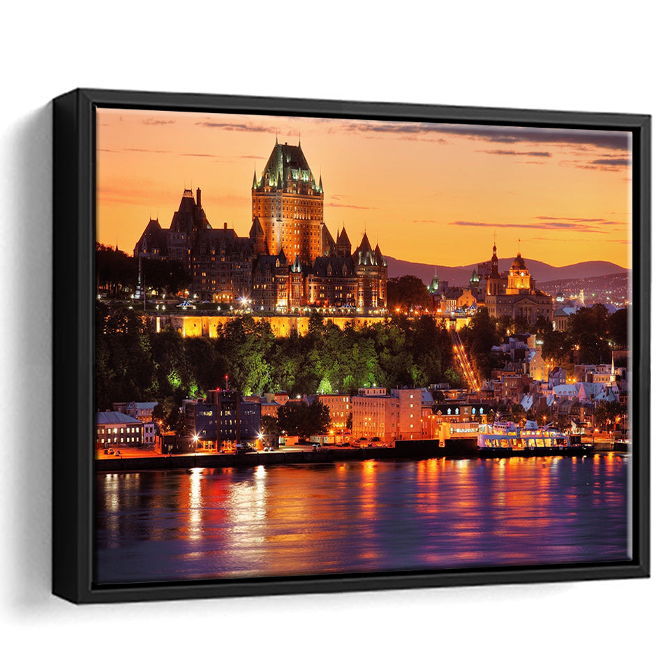 Old Quebec City, Quebec Skyline Framed Canvas Prints Wall Art Decor, Black Floating Frame