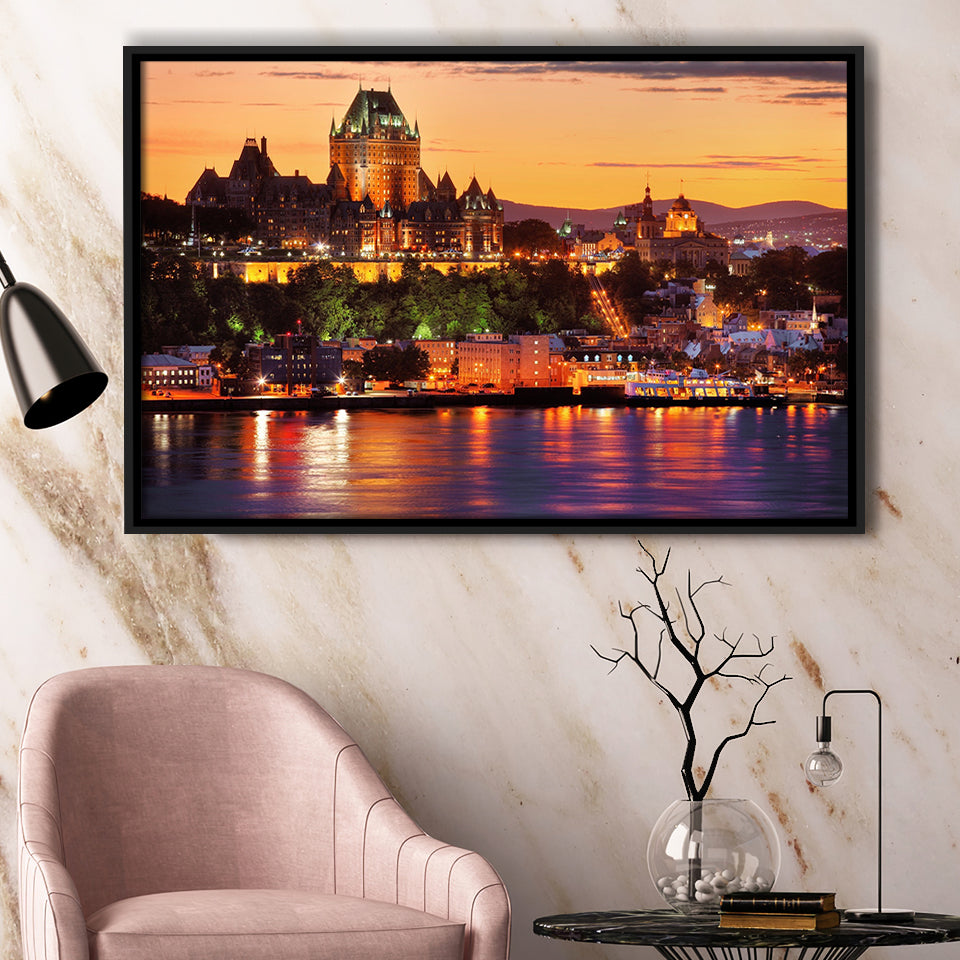 Old Quebec City, Quebec Skyline Framed Canvas Prints Wall Art Decor, Black Floating Frame