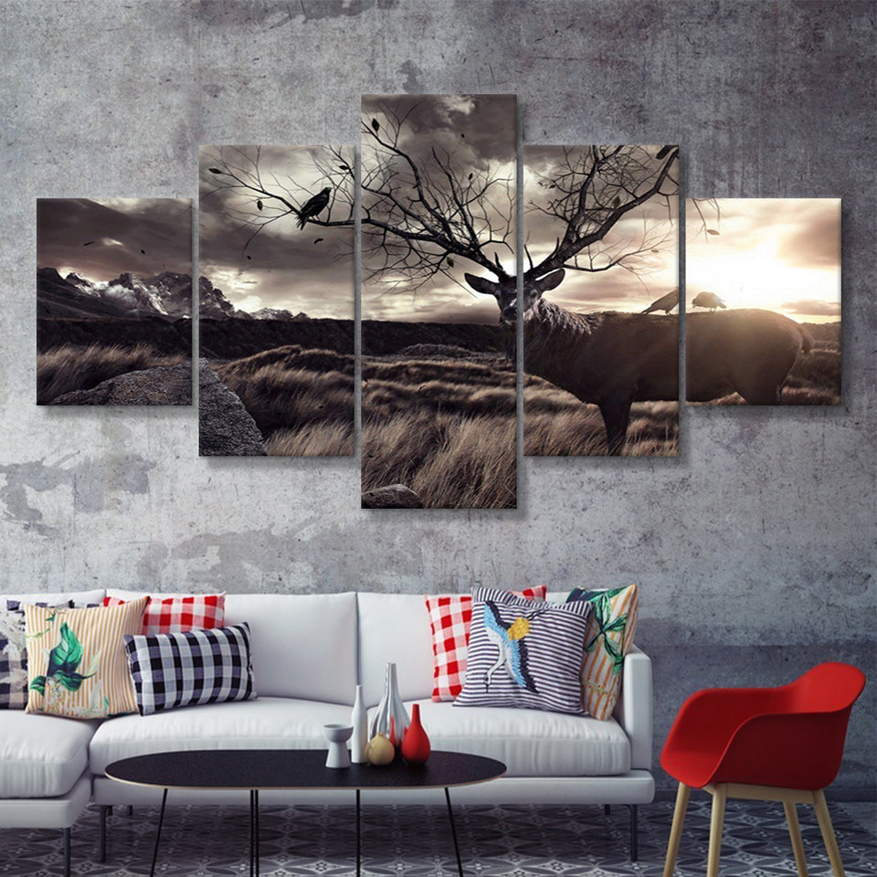 Old Deer In The Sunset 5 Pieces Canvas Prints Wall Art - Painting Canvas,Wall Decor, Multi Panel,5 Panels