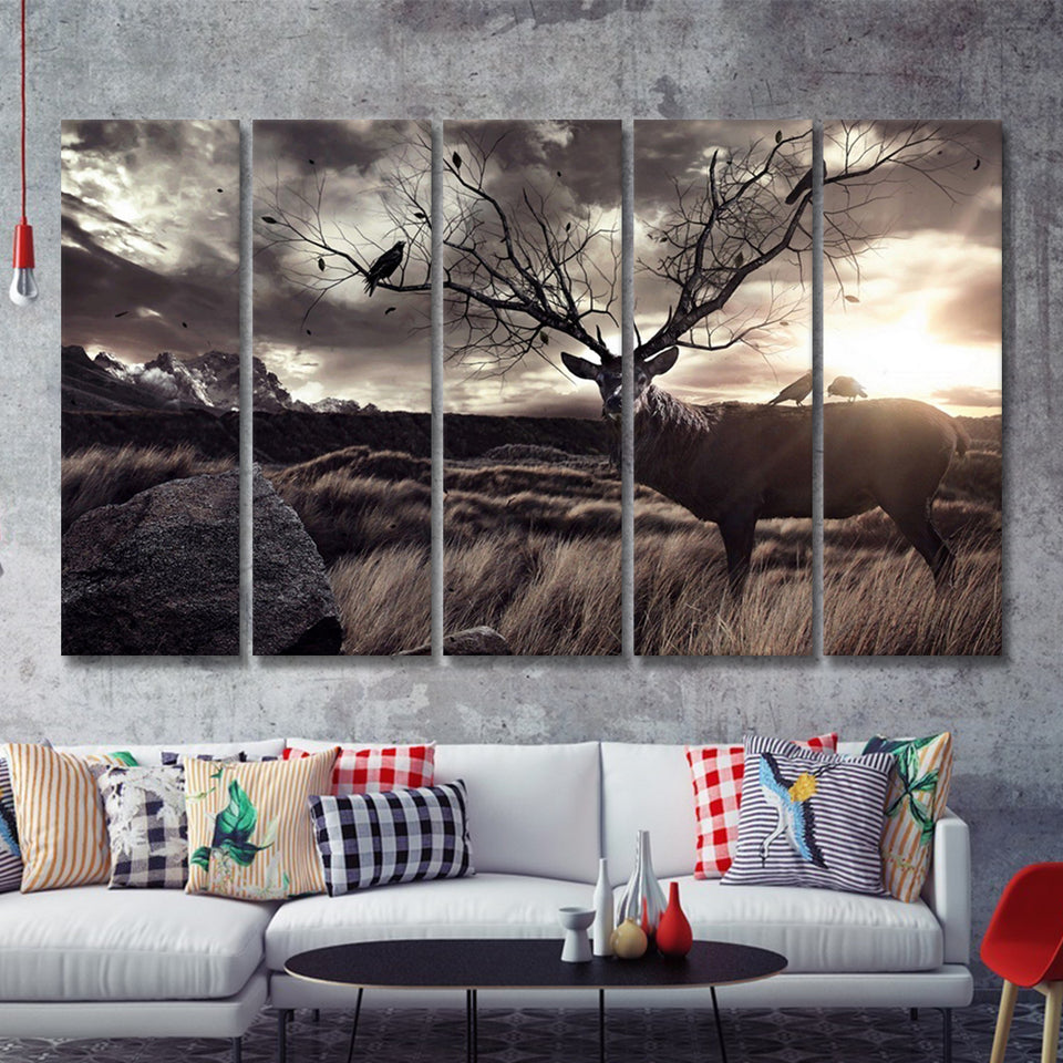 Old Deer In The Sunset 5 Pieces B Canvas Prints Wall Art - Painting Canvas,Wall Decor, Multi Panel,5 Panels