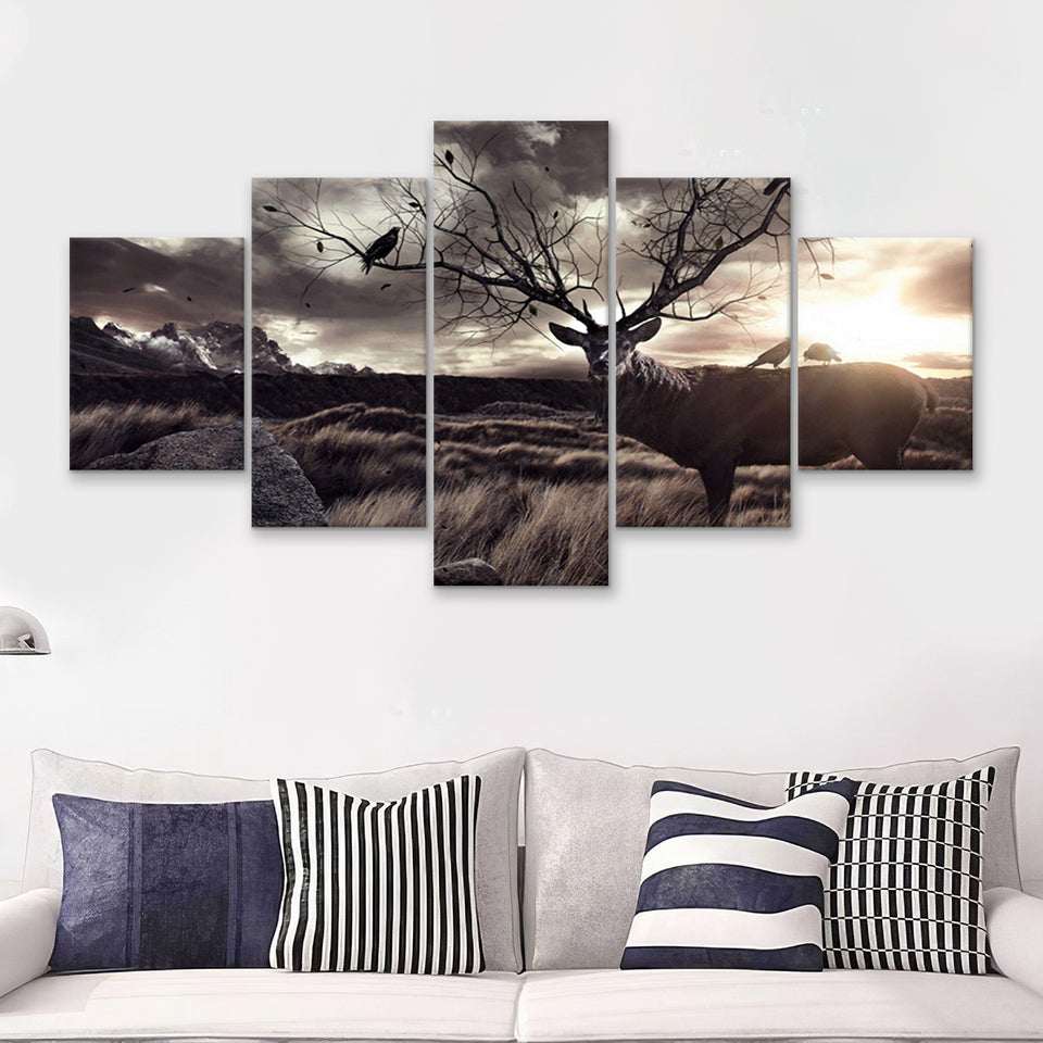 Old Deer In The Sunset 5 Pieces Canvas Prints Wall Art - Painting Canvas,Wall Decor, Multi Panel,5 Panels