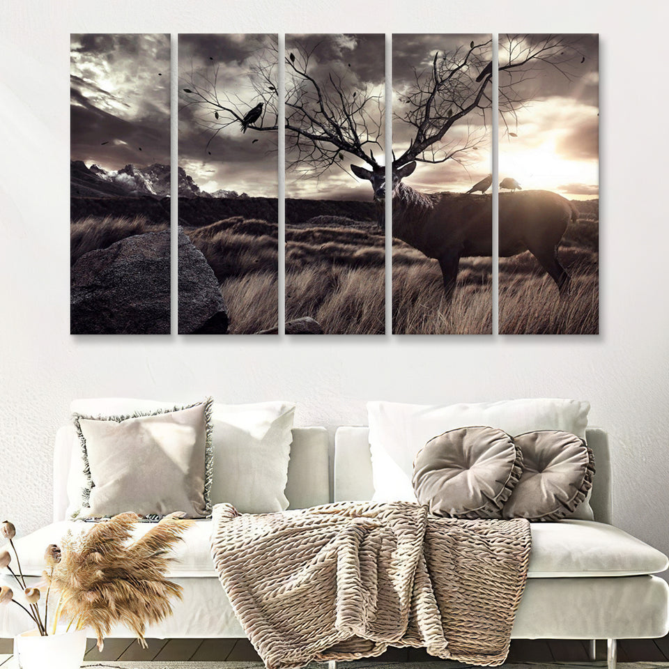 Old Deer In The Sunset 5 Pieces B Canvas Prints Wall Art - Painting Canvas,Wall Decor, Multi Panel,5 Panels