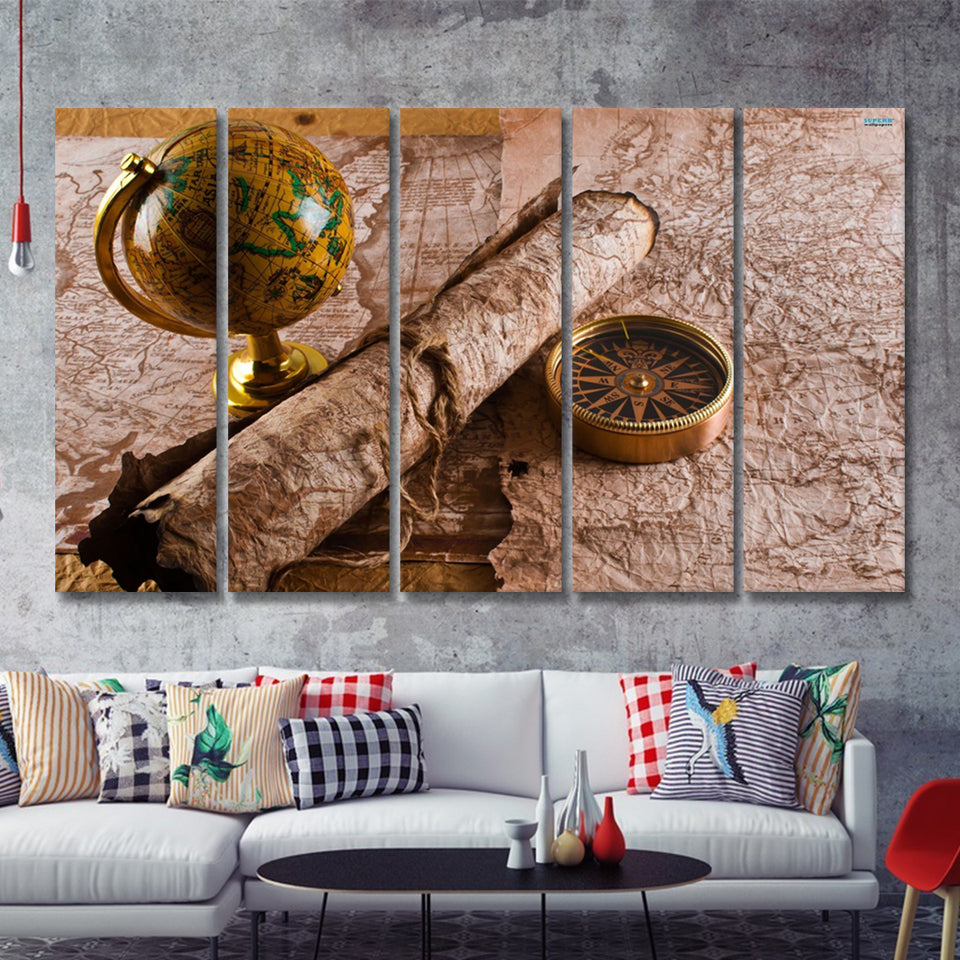 Old Maps Globe Compass 5 Pieces B Canvas Prints Wall Art - Painting Canvas, Multi Panels,5 Panel, Wall Decor