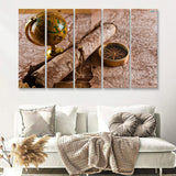 Old Maps Globe Compass 5 Pieces B Canvas Prints Wall Art - Painting Canvas, Multi Panels,5 Panel, Wall Decor