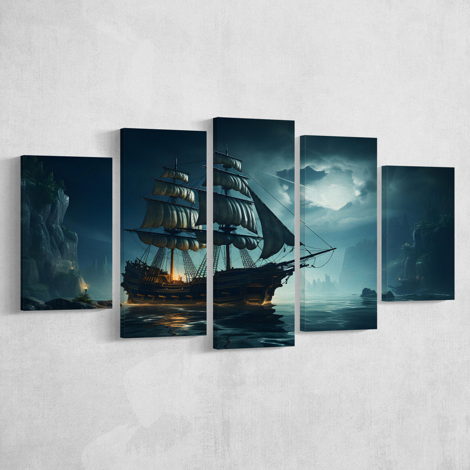 Old Pirate Ship In The Moonlight 5 Panels Canvas Prints Wall Art Home Decor, Large Mixed Canvas