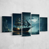 Old Pirate Ship In The Moonlight 5 Panels Canvas Prints Wall Art Home Decor, Large Mixed Canvas