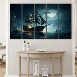 Old Pirate Ship In The Moonlight 5 Panels B Canvas Prints Wall Art Home Decor, Extra Large Canvas