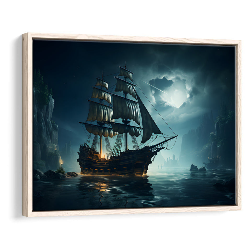 Old Pirate Ship In The Moonlight Framed Canvas Prints Wall Art Home Decor, Painting Canvas, Floating Frame