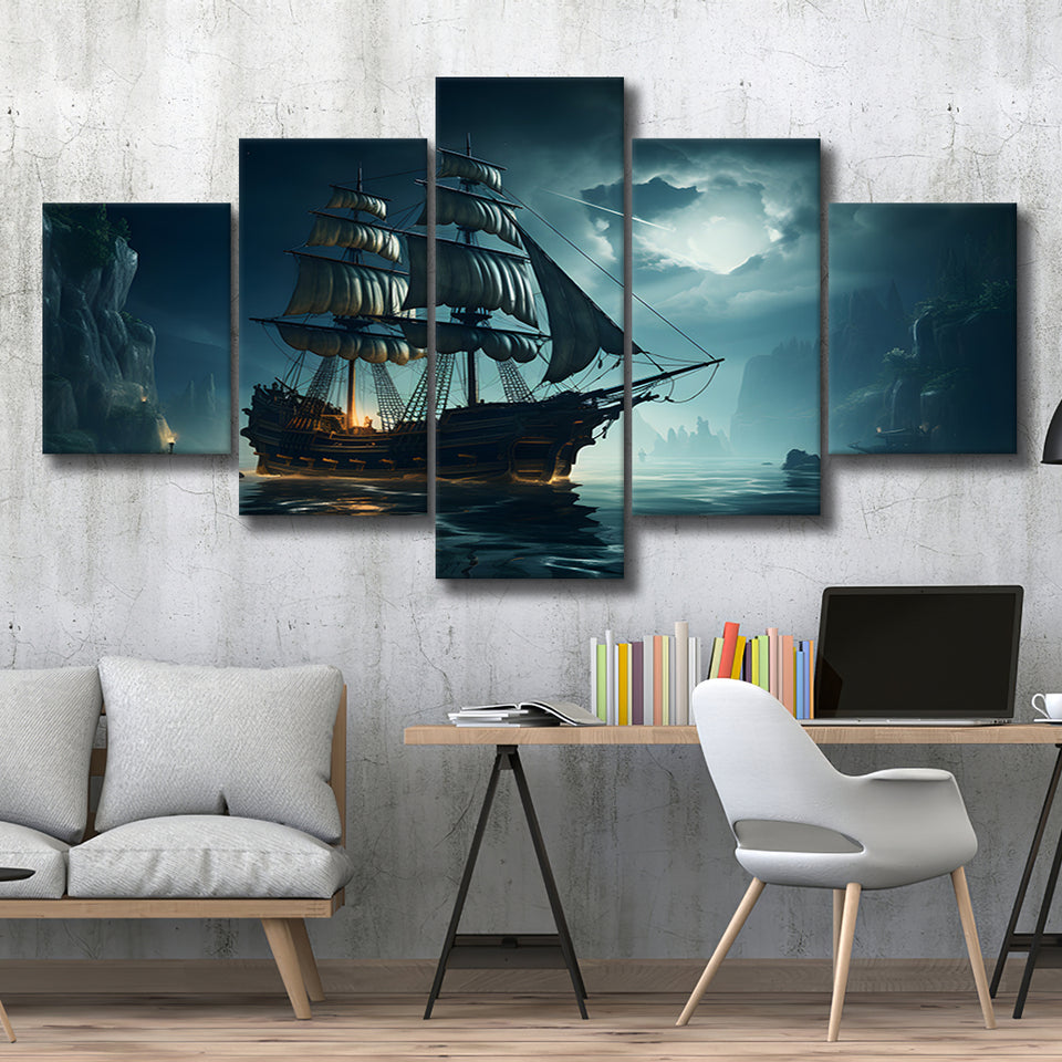 Old Pirate Ship In The Moonlight 5 Panels Canvas Prints Wall Art Home Decor, Large Mixed Canvas