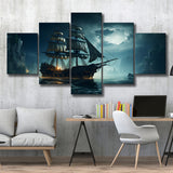 Old Pirate Ship In The Moonlight 5 Panels Canvas Prints Wall Art Home Decor, Large Mixed Canvas