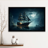 Old Pirate Ship In The Moonlight Framed Canvas Prints Wall Art Home Decor, Painting Canvas, Floating Frame