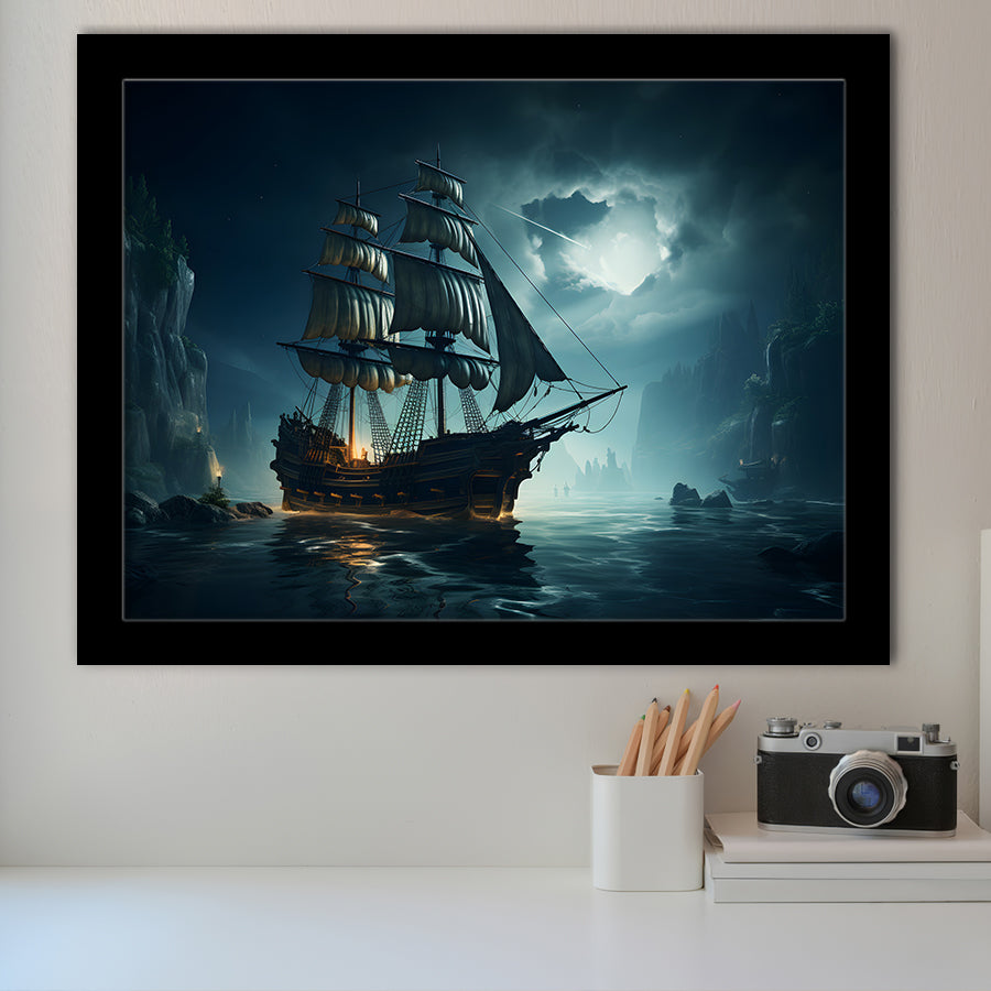 Old Pirate Ship In The Moonlight Framed Art Prints Wall Decor, Painting Art, Framed Picture