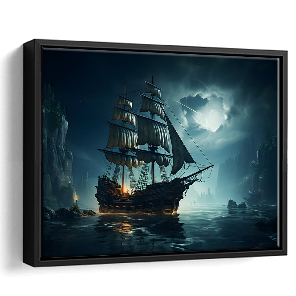 Old Pirate Ship In The Moonlight Framed Canvas Prints Wall Art Home Decor, Painting Canvas, Floating Frame