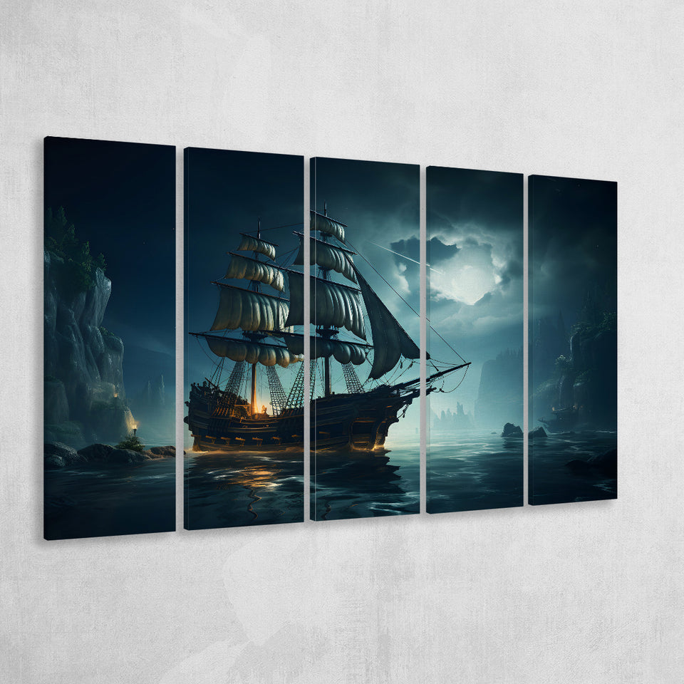 Old Pirate Ship In The Moonlight 5 Panels B Canvas Prints Wall Art Home Decor, Extra Large Canvas