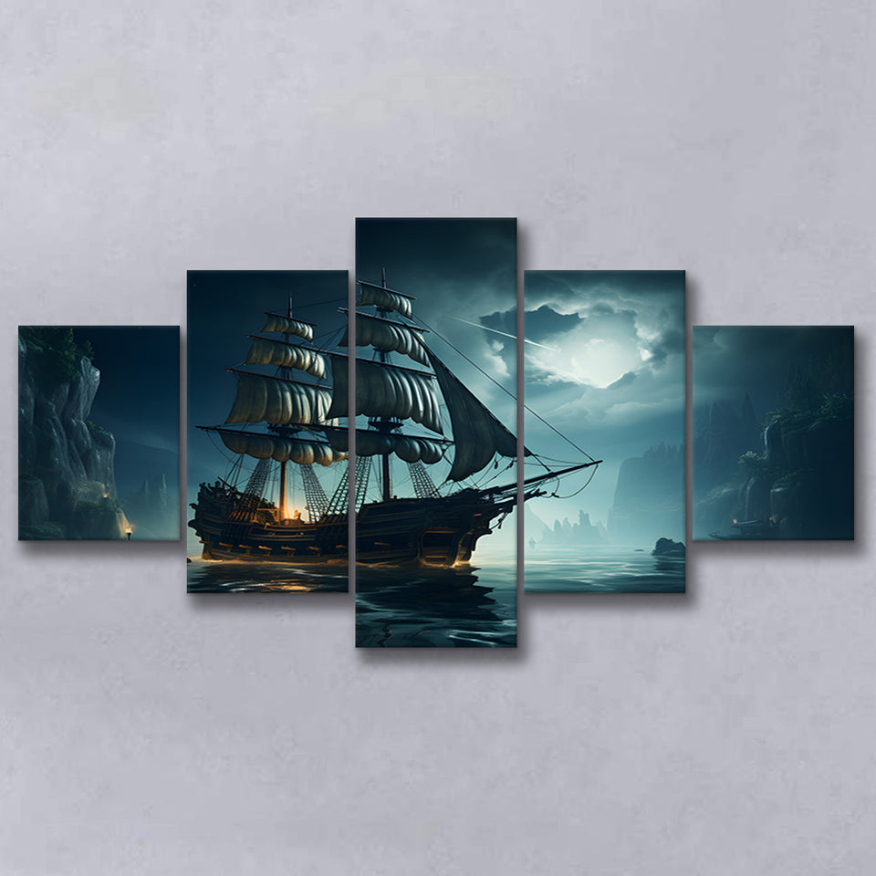 Old Pirate Ship In The Moonlight 5 Panels Canvas Prints Wall Art Home Decor, Large Mixed Canvas