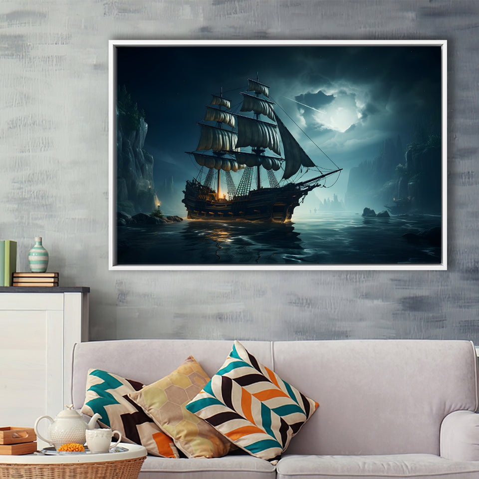 Old Pirate Ship In The Moonlight Framed Canvas Prints Wall Art Home Decor, Painting Canvas, Floating Frame