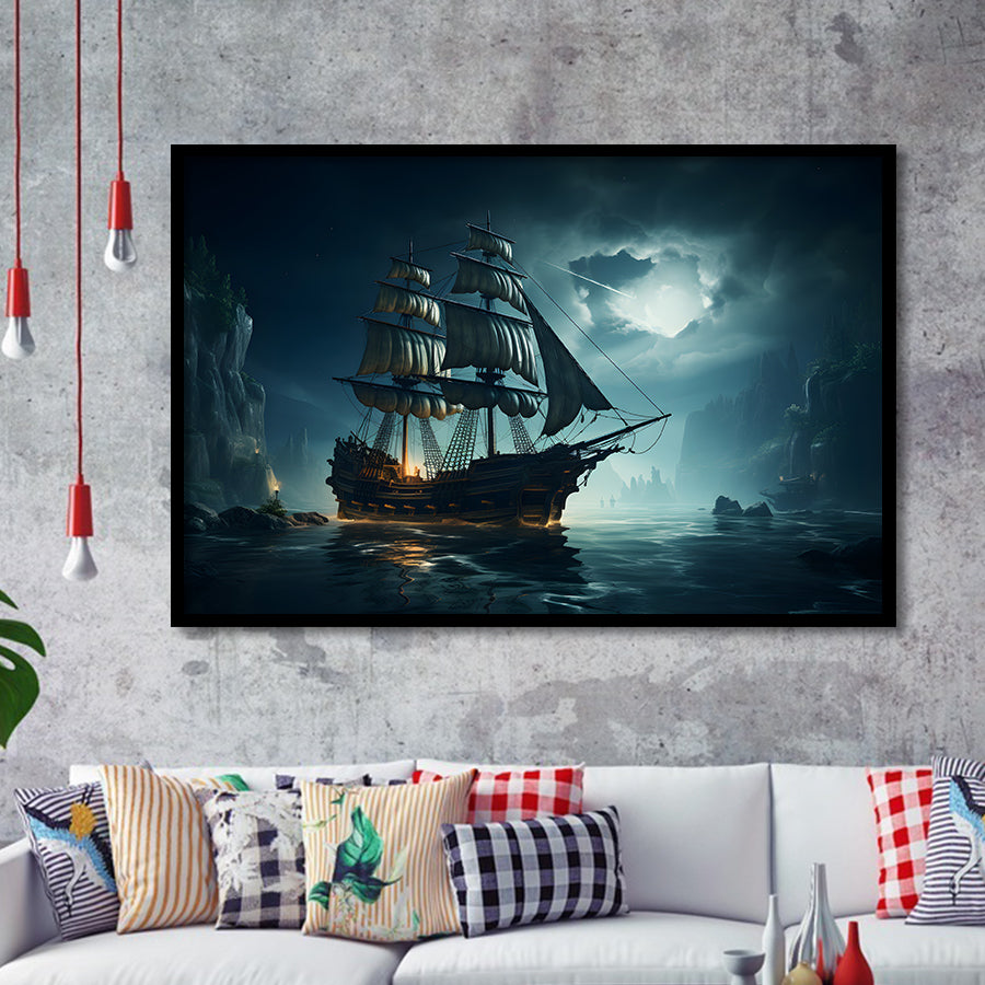 Old Pirate Ship In The Moonlight Framed Art Prints Wall Decor, Painting Art, Framed Picture