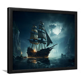 Old Pirate Ship In The Moonlight Framed Art Prints Wall Decor, Painting Art, Framed Picture