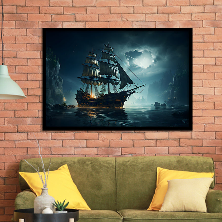 Old Pirate Ship In The Moonlight Framed Art Prints Wall Decor, Painting Art, Framed Picture