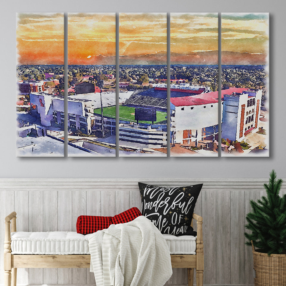 Ole Miss Rebels Vaught–Hemingway Stadium Watercolor, 5 Pieces B, Multi Panel Canvas Prints Wall Art Decor