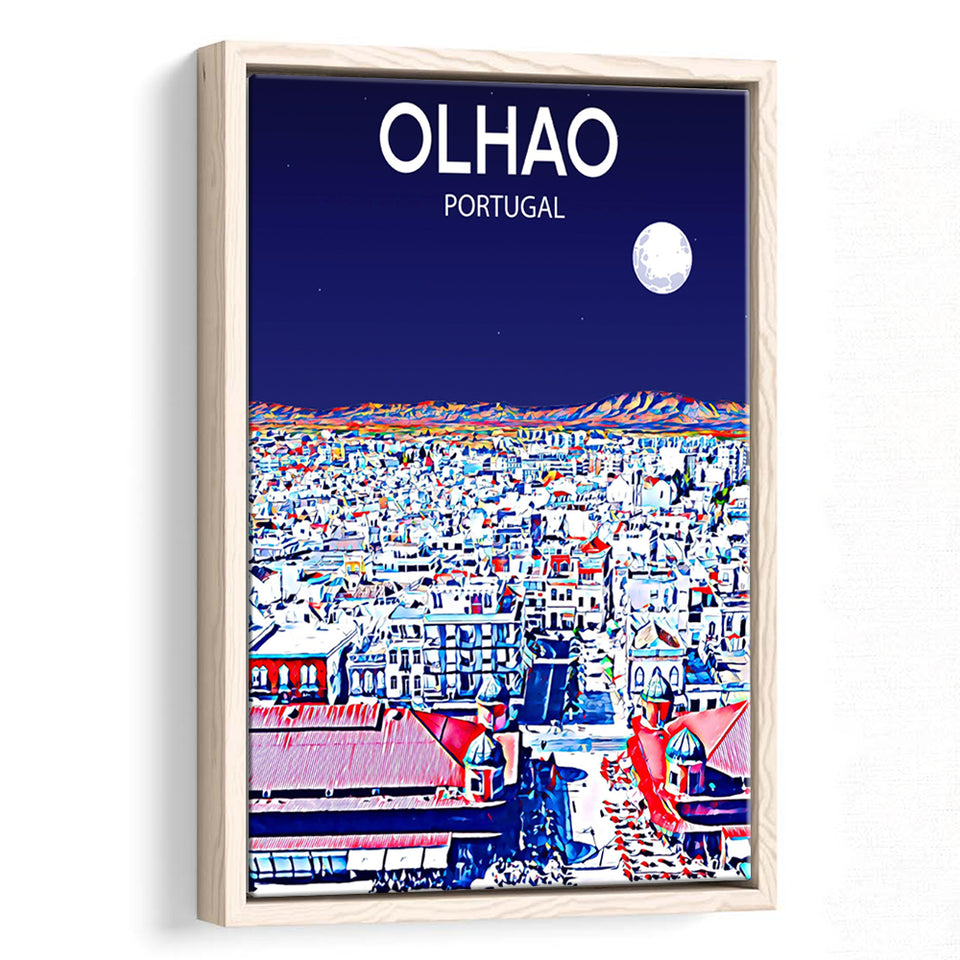 Olhao Portugal Art Night Art Print, Large Canvas, Framed Canvas Print Wall Art Home Decor, Floating Frame