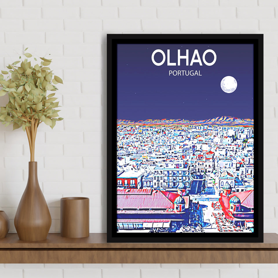 Olhao Portugal Art Night Art Print, Large Canvas, Framed Canvas Print Wall Art Home Decor, Floating Frame