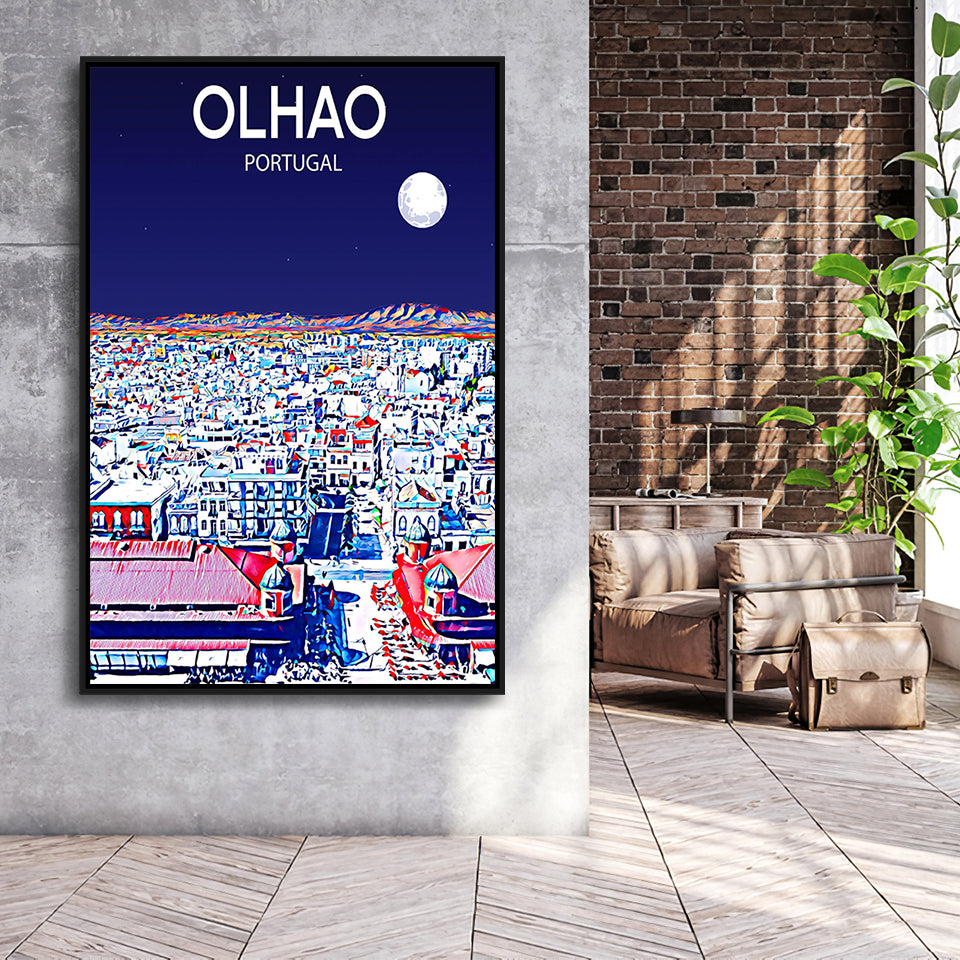 Olhao Portugal Art Night Art Print, Large Canvas, Framed Canvas Print Wall Art Home Decor, Floating Frame