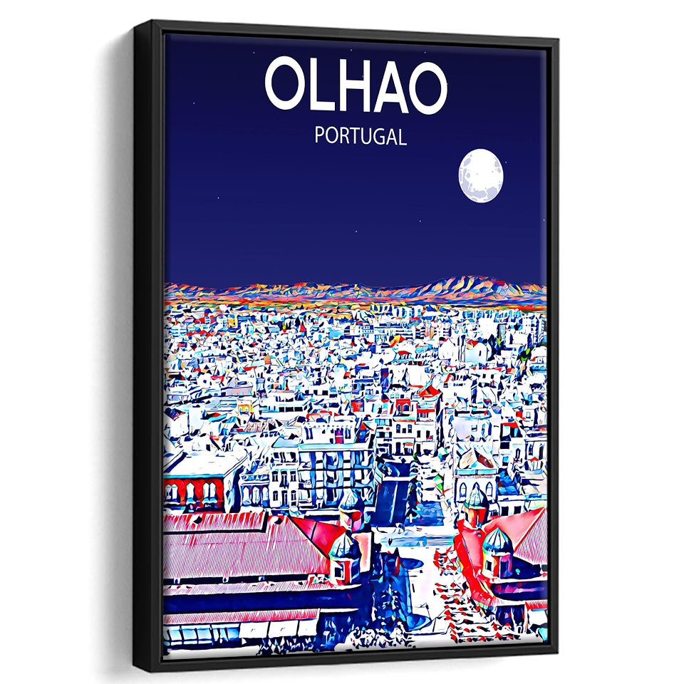 Olhao Portugal Art Night Art Print, Large Canvas, Framed Canvas Print Wall Art Home Decor, Floating Frame