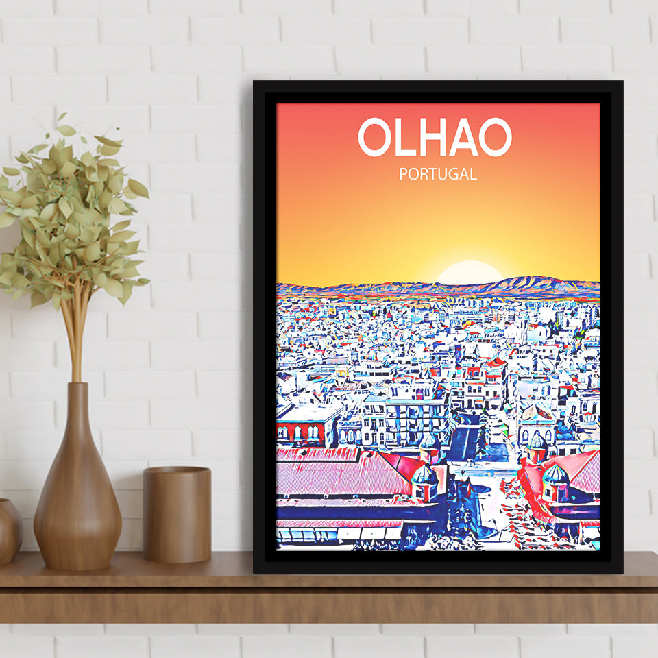 Olhao Portugal Art Sunset Night Art Print, Large Canvas, Framed Canvas Print Wall Art Home Decor, Floating Frame