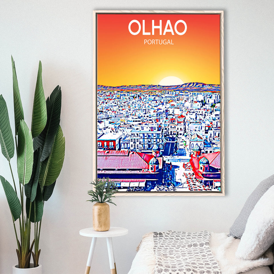 Olhao Portugal Art Sunset Night Art Print, Large Canvas, Framed Canvas Print Wall Art Home Decor, Floating Frame