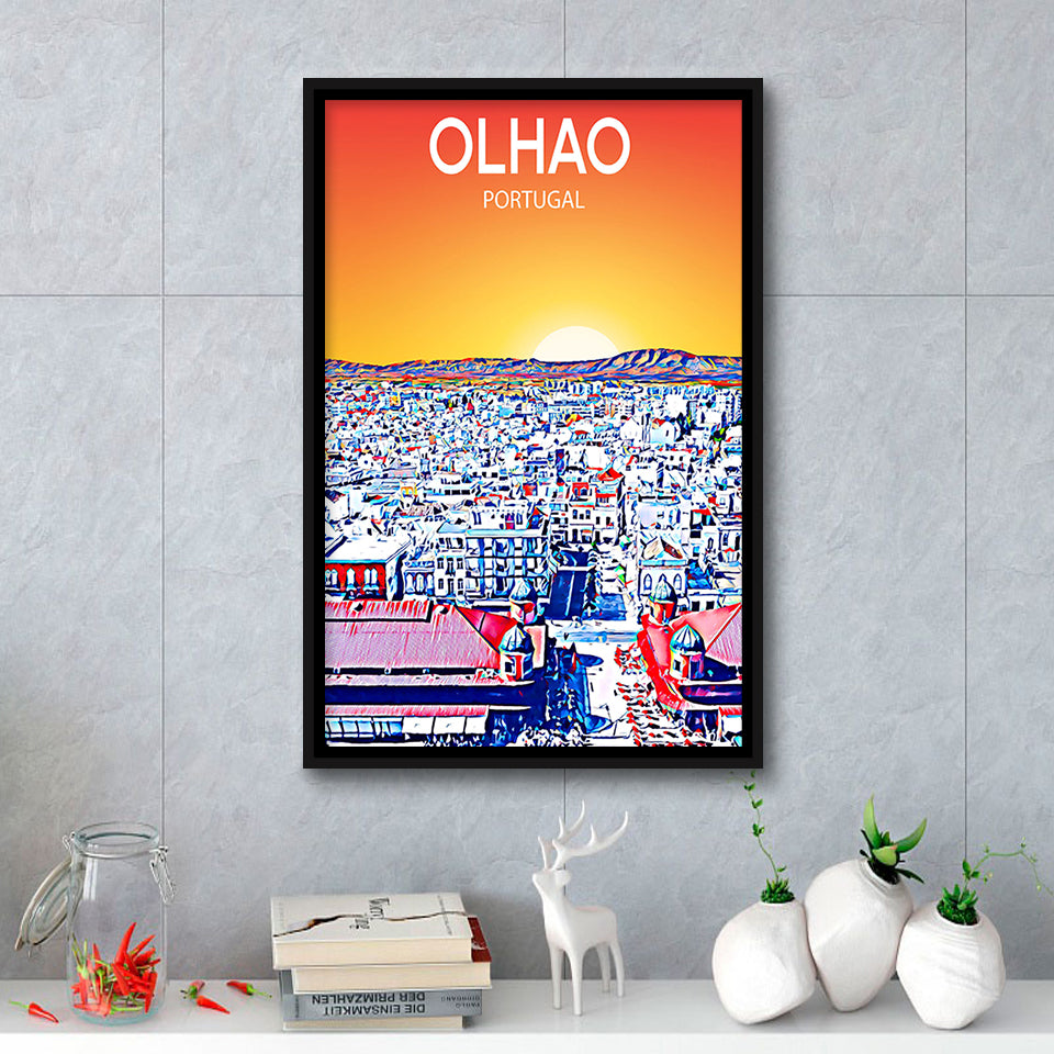Olhao Portugal Art Sunset Night Art Print, Large Canvas, Framed Canvas Print Wall Art Home Decor, Floating Frame