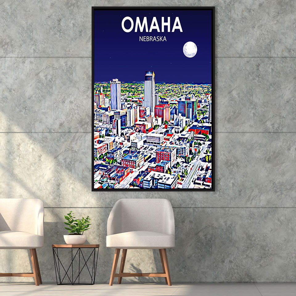 Omaha NE Art V1, Large Canvas, Framed Canvas Print Wall Art Home Decor, Floating Frame