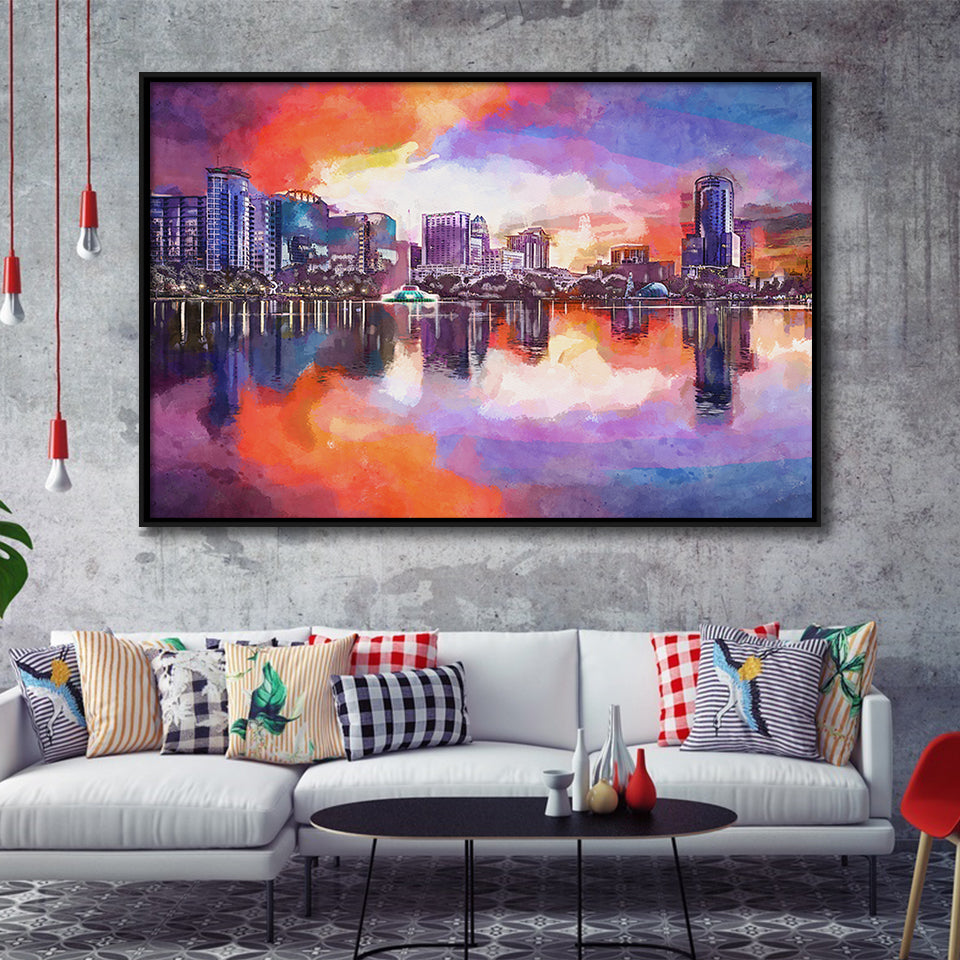 Orlando Florida Usa Downtown City Skyline City Art Watercolor Framed Canvas Prints Wall Art Home Decor,Floating Frame