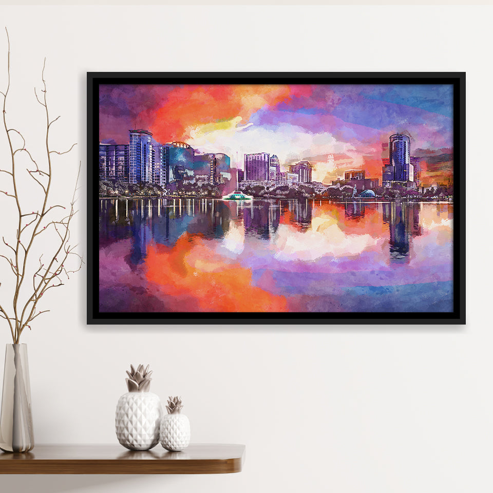 Orlando Florida Usa Downtown City Skyline City Art Watercolor Framed Canvas Prints Wall Art Home Decor,Floating Frame