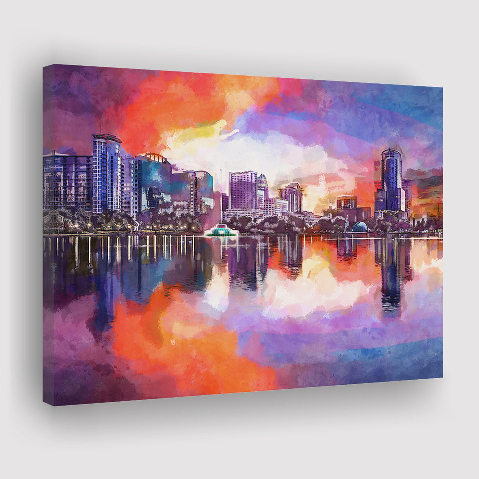 Orlando Florida Usa Downtown City Skyline City Art Watercolor Canvas Prints Wall Art Home Decor, Large Canvas