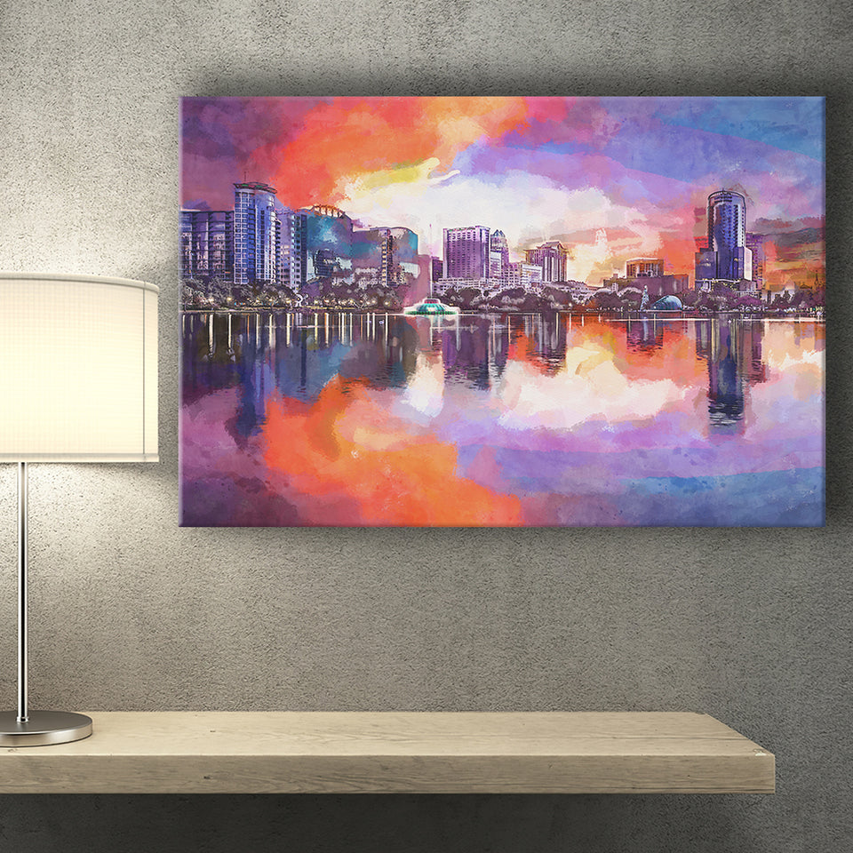 Orlando Florida Usa Downtown City Skyline City Art Watercolor Canvas Prints Wall Art Home Decor, Large Canvas
