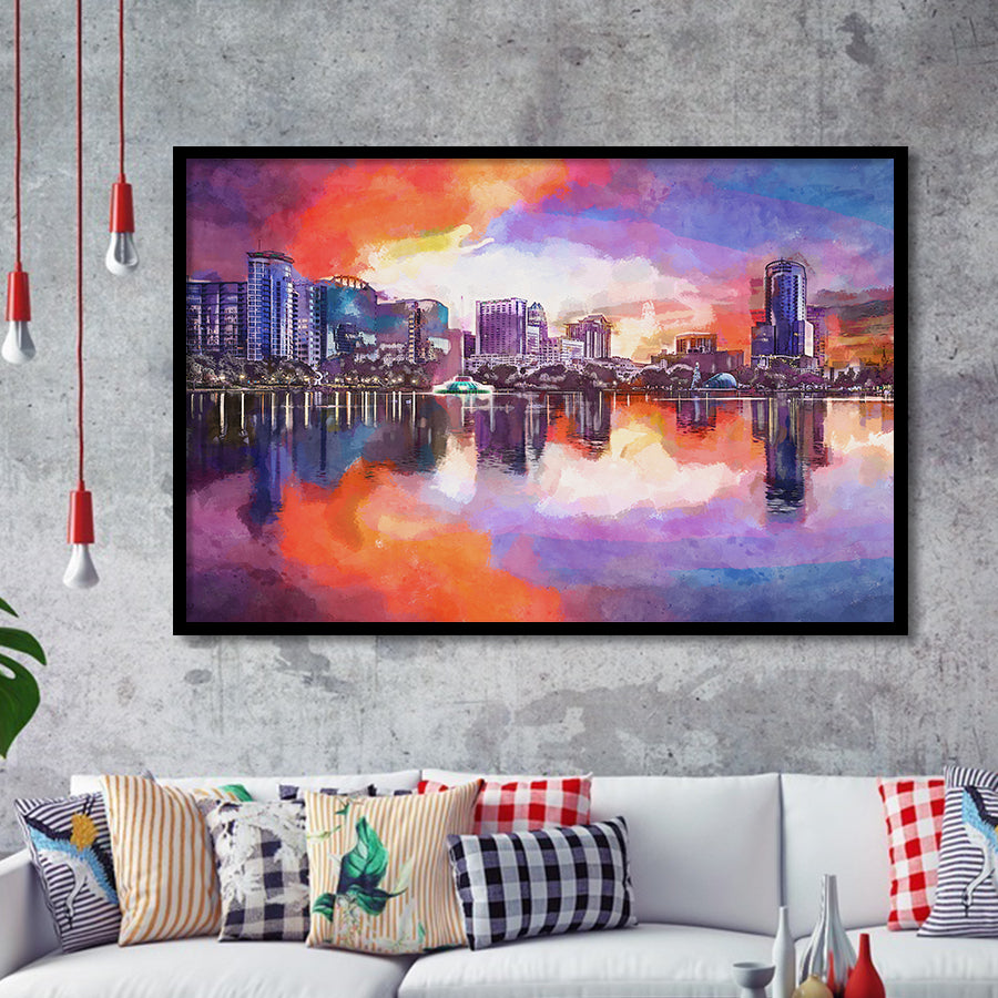 Orlando Florida Usa Downtown City Skyline City Art Watercolor Framed Art Prints Wall Art Decor,Framed Picture