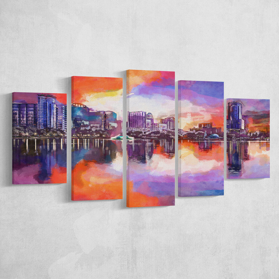 Orlando Florida Usa Downtown City Skyline 5 Pieces Mixed Canvas Prints Wall Art Home Decor