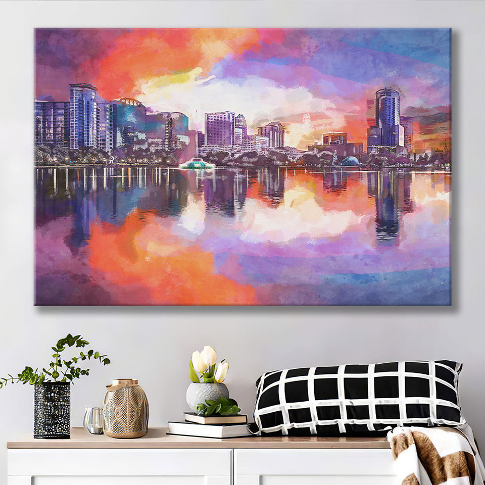Orlando Florida Usa Downtown City Skyline City Art Watercolor Canvas Prints Wall Art Home Decor, Large Canvas