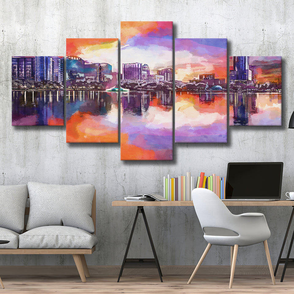 Orlando Florida Usa Downtown City Skyline 5 Pieces Mixed Canvas Prints Wall Art Home Decor
