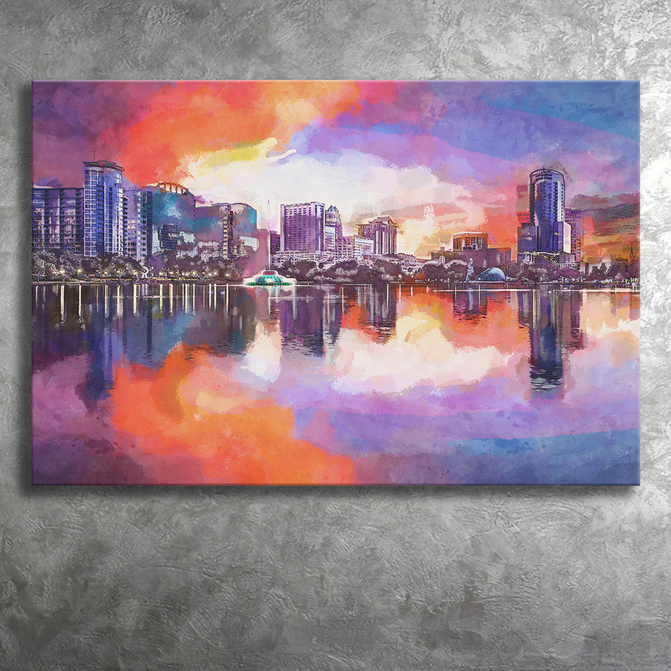 Orlando Florida Usa Downtown City Skyline City Art Watercolor Canvas Prints Wall Art Home Decor, Large Canvas