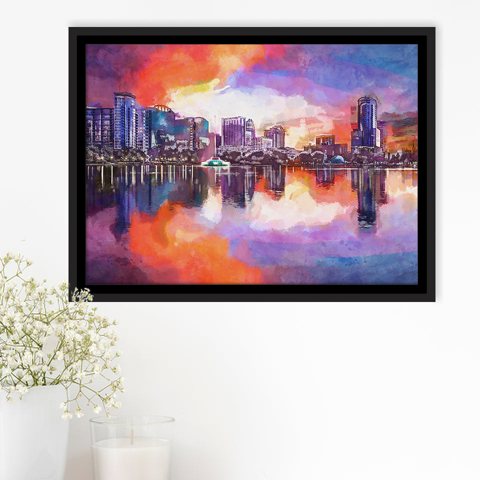 Orlando Florida Usa Downtown City Skyline City Art Watercolor Framed Canvas Prints Wall Art Home Decor,Floating Frame