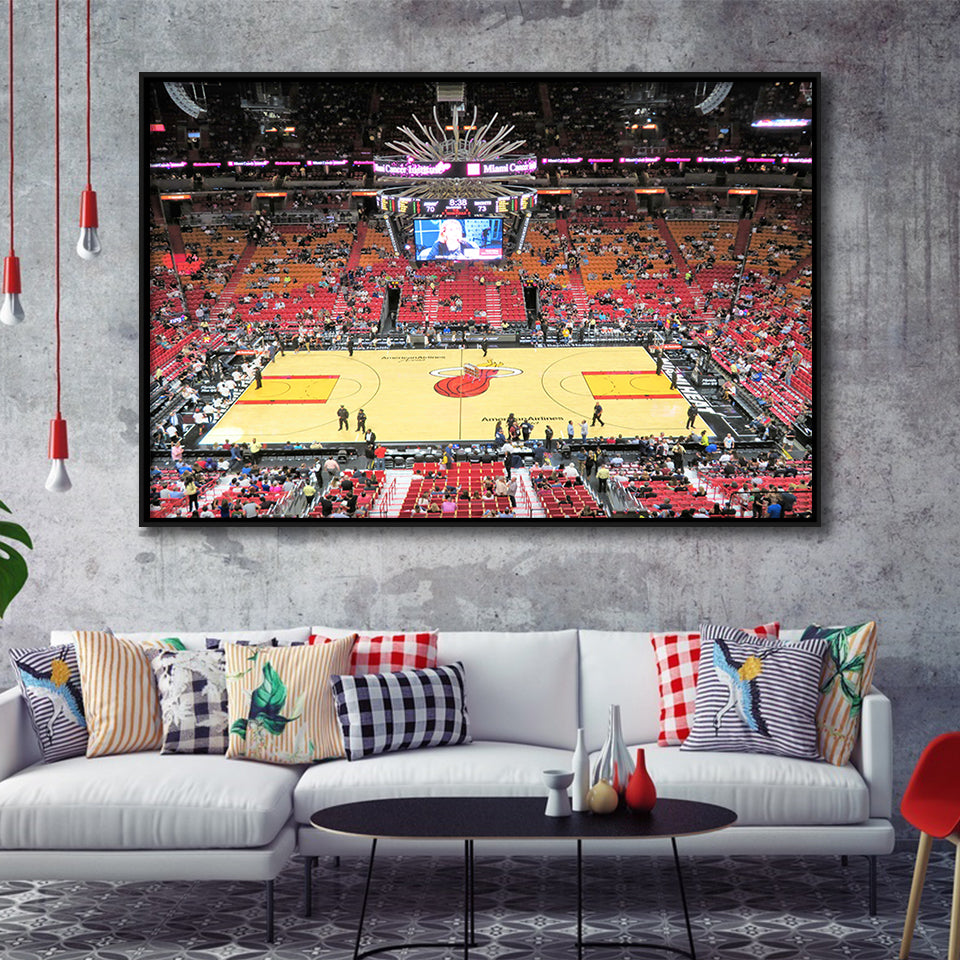 Overview of Court Miami Heat, Stadium Canvas, Sport Art, Gift for him, Framed Canvas Prints Wall Art Decor, Framed Picture