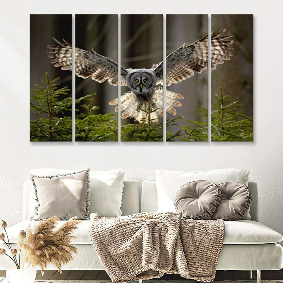 Owl in Forest Large 5 Piece B Canvas Prints Wall Art Decor - Painting Canvas, Multi Panels